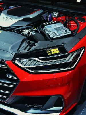 Open engine bay of a modern vehicle showing detailed mechanical components and clean workmanship